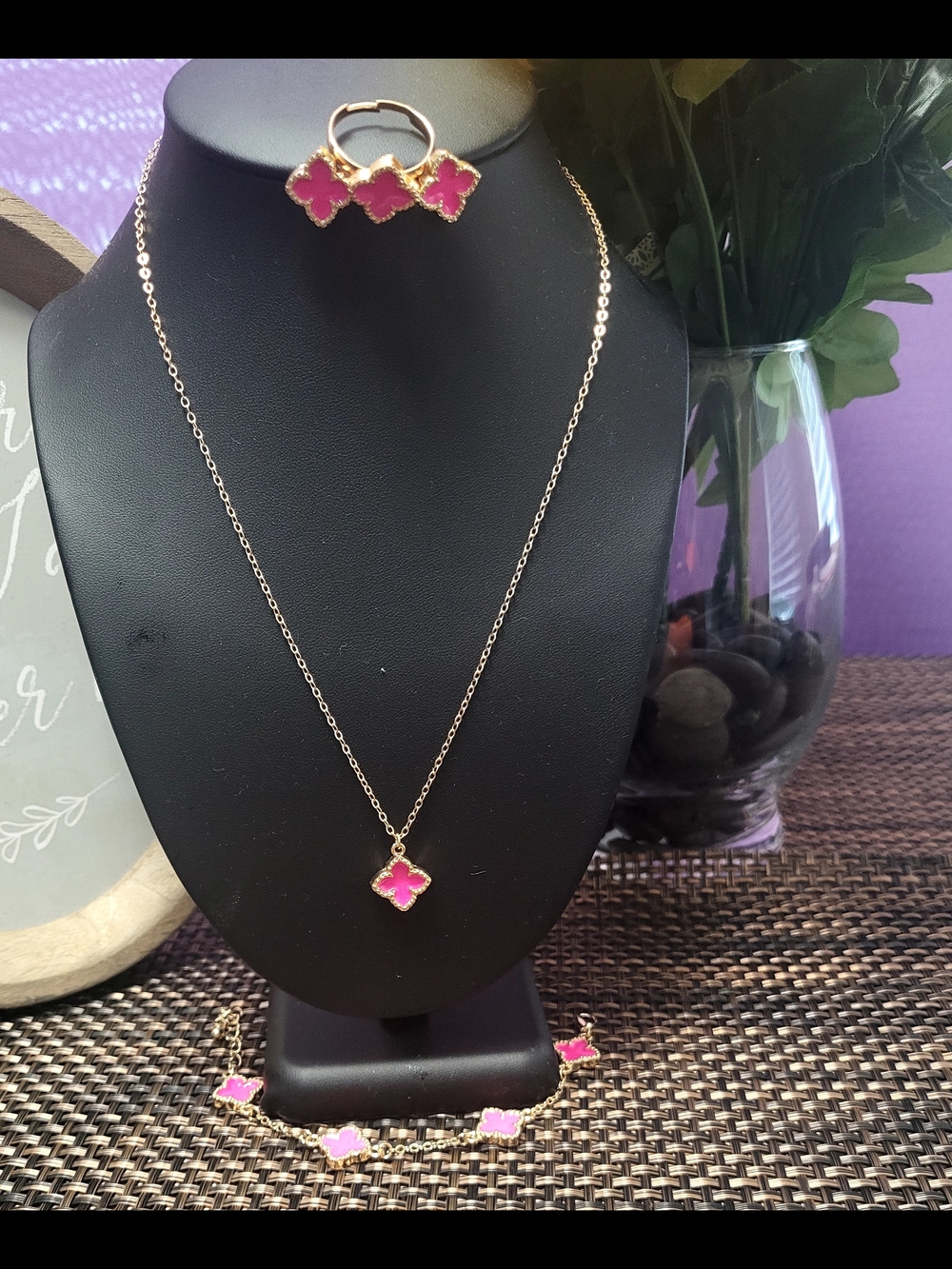Gold-Tone Pink Clover Pendant Necklace Ring and Bracelet Set